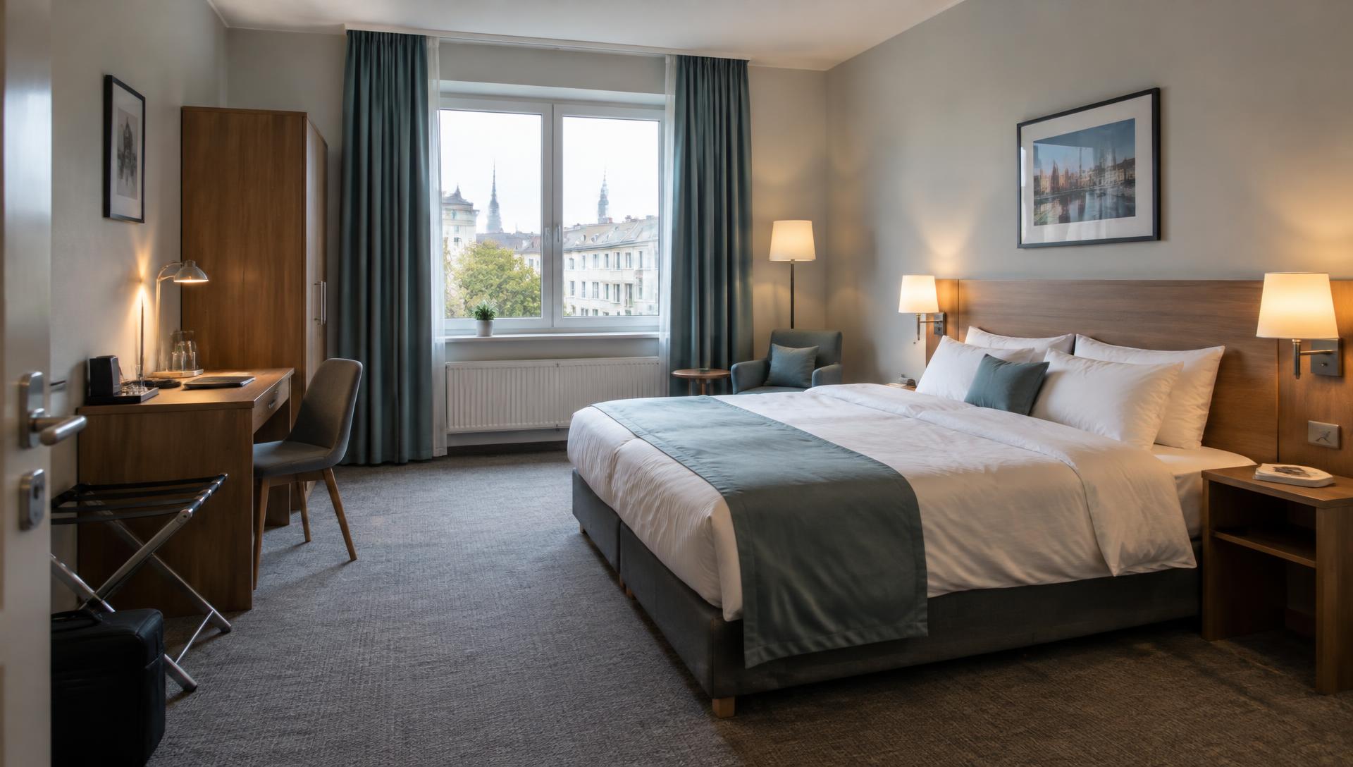Hotelzimmer mit Doppelbett, Schreibtisch und Kleiderschrank