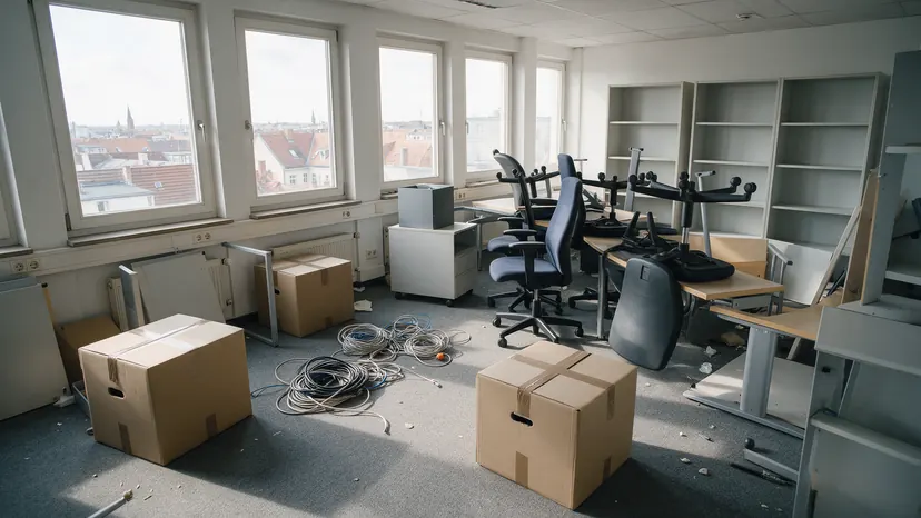 Büro während der Auflösung mit abgebauten Schreibtischen, Aktenordnern und gestapelten Bürostühlen