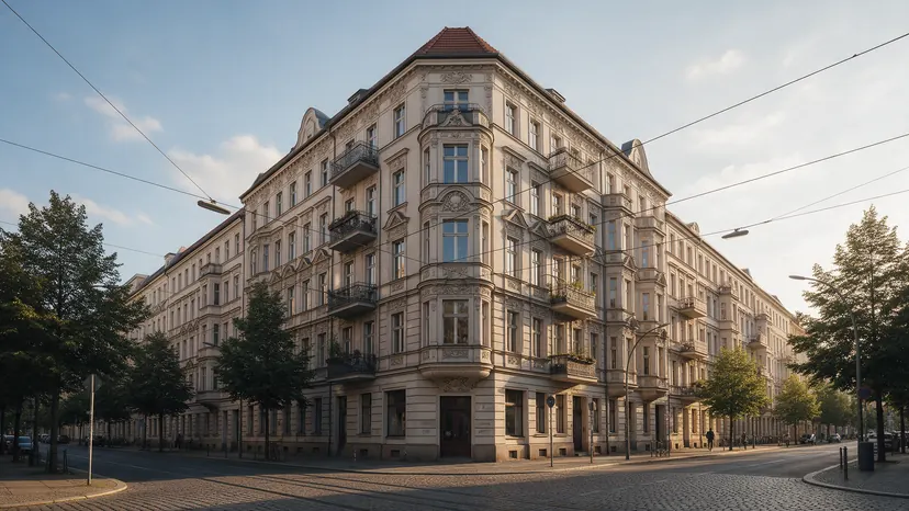 Gründerzeit-Eckhaus mit Stuckfassade an einer Kreuzung