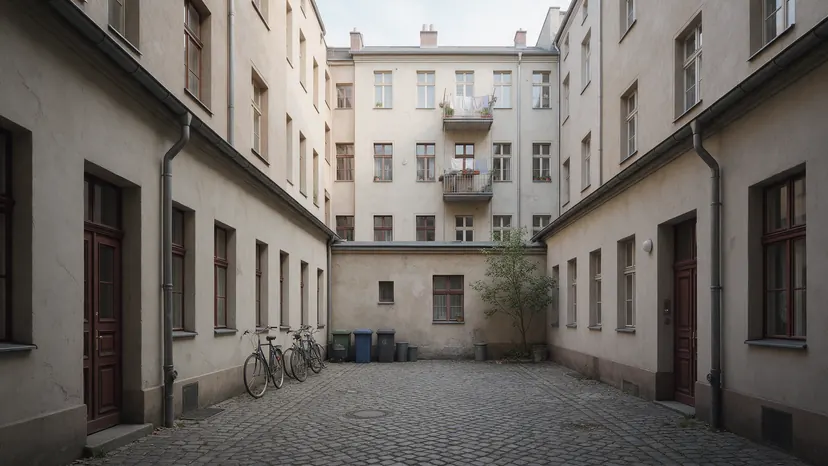 Berliner Hinterhof mit Seitenflügel und Fahrrädern