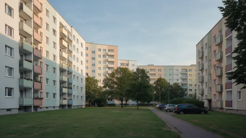 Sanierte Wohnblöcke mit Grünflächen am Stadtrand