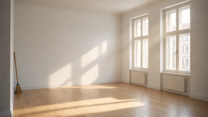 Derselbe Raum nach der Räumung: leer, gefegt, Sonnenlicht auf den Dielen