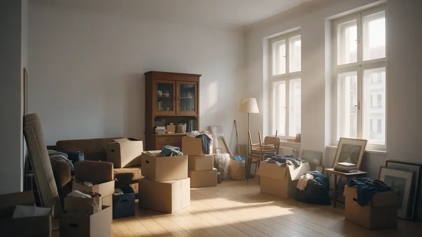 Sonniger Altbau-Raum voller Kartons, Möbel und Hausrat vor der Räumung