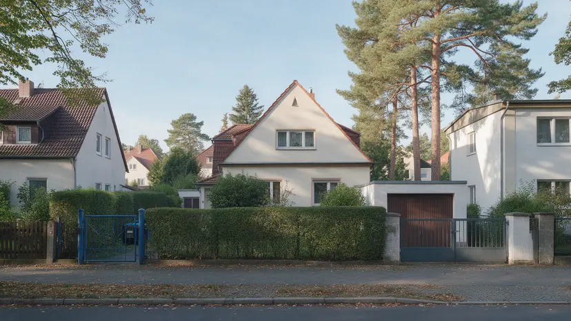 Wohnstraße mit Einfamilienhäusern, Hecken und Kiefern am Stadtrand