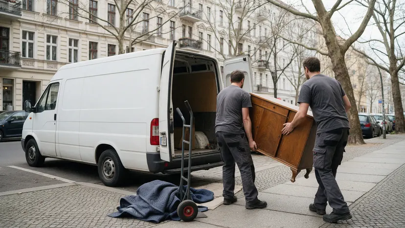 Transporter mit geöffneten Hecktüren vor einem Berliner Altbau