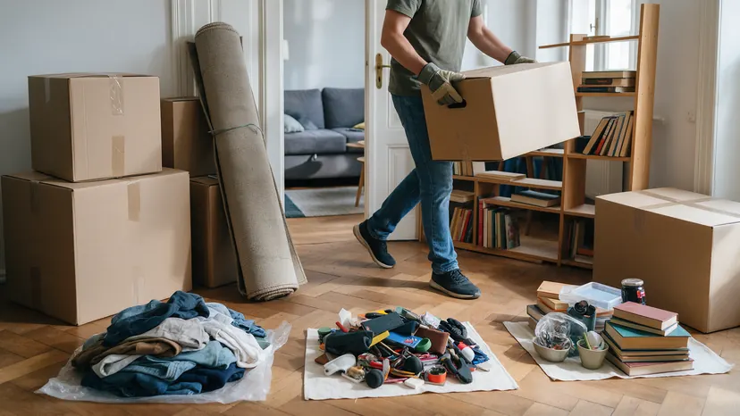 Gestapelte, beschriftete Umzugskartons in einer Berliner Altbauwohnung vor dem Umzug